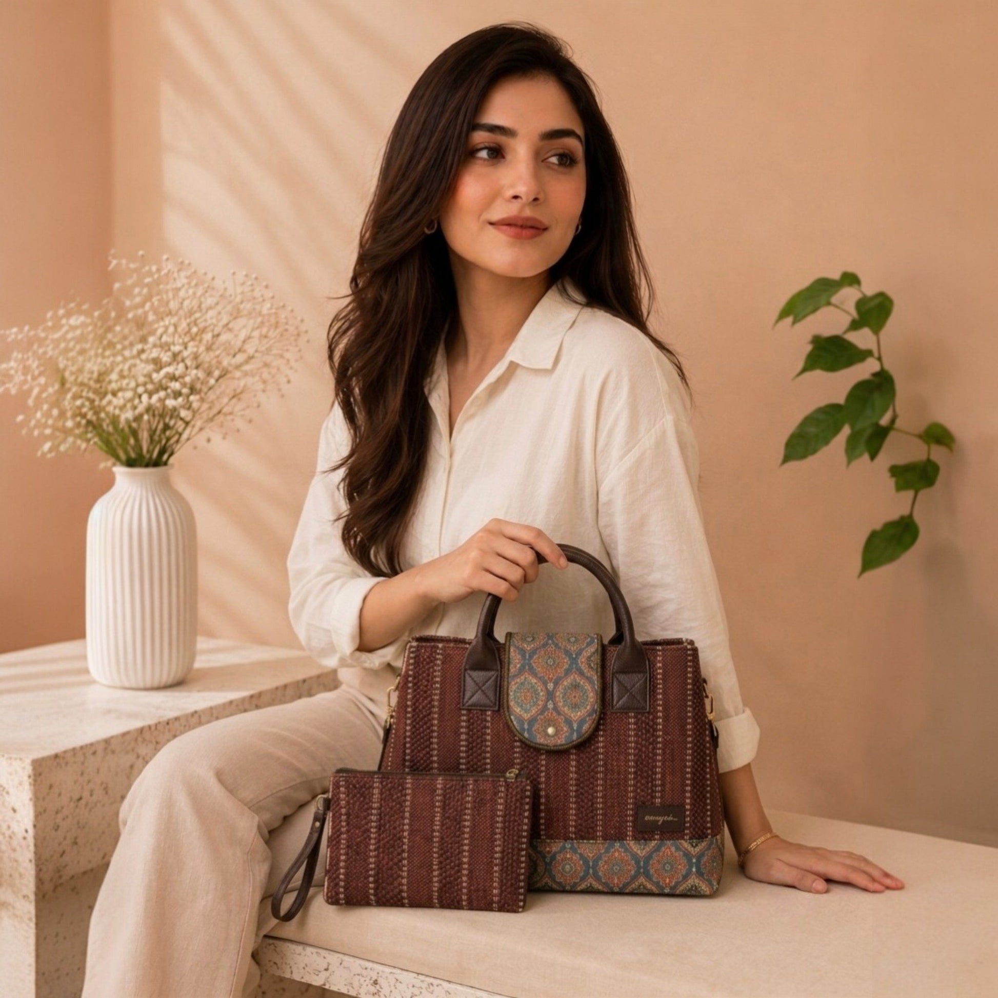 Woman holding a woven handbag in a home setting with a vase and plant.