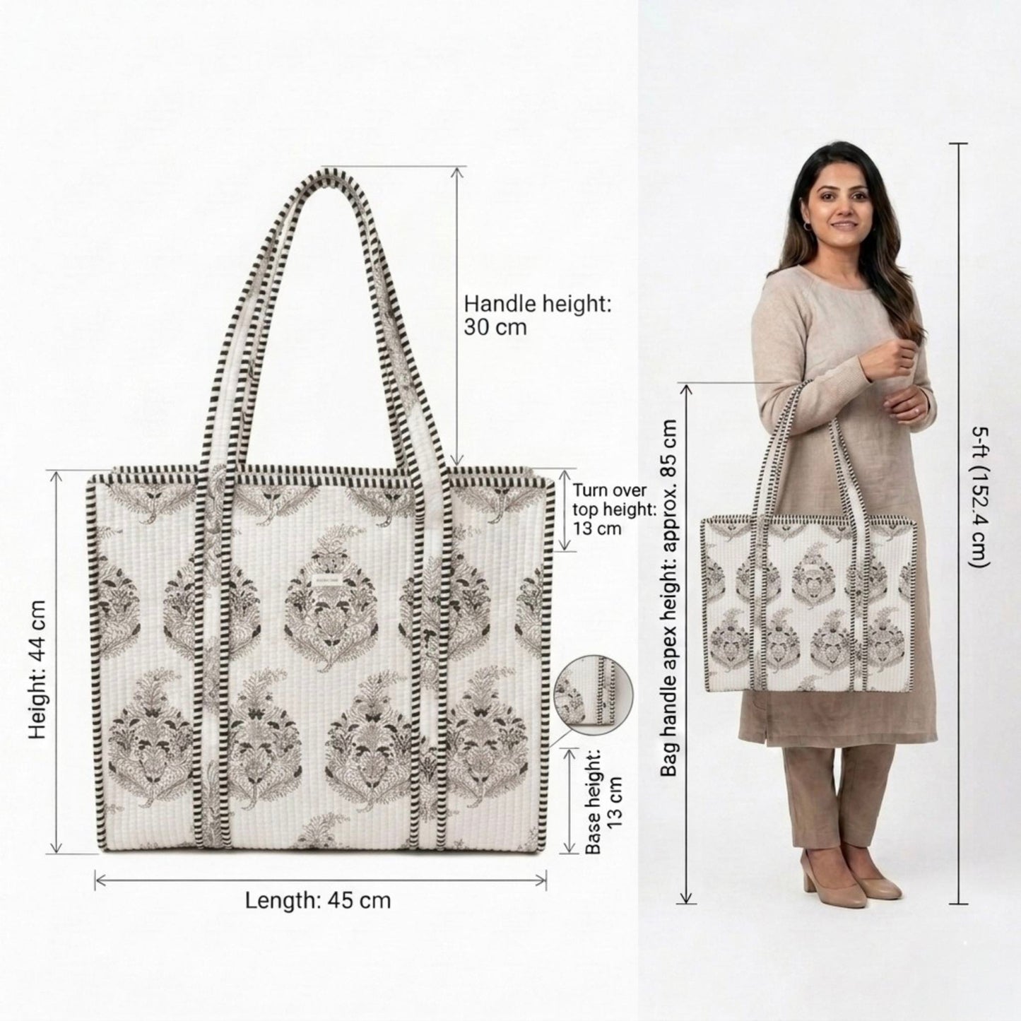 Ivory Floral - Premium OMVAI Quilted Cotton Tote Bag
