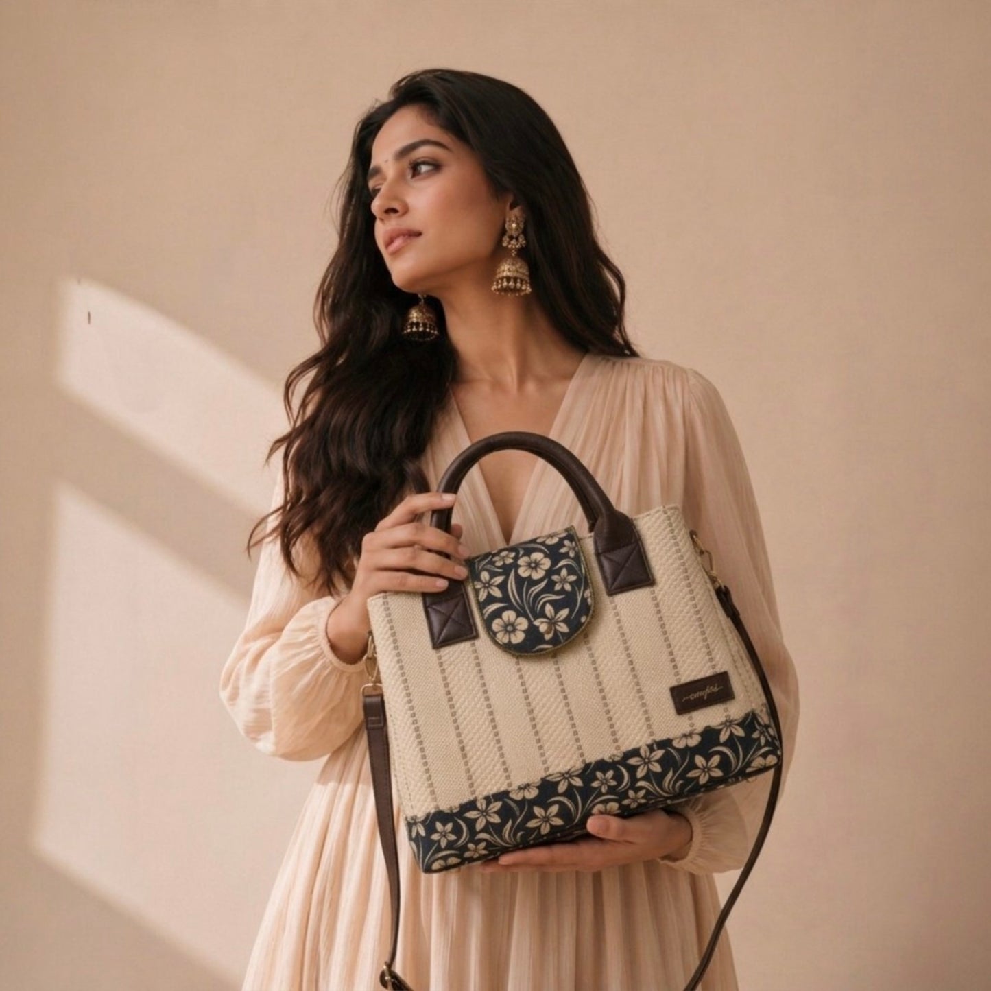 Woman holding a decorative handbag against a neutral background