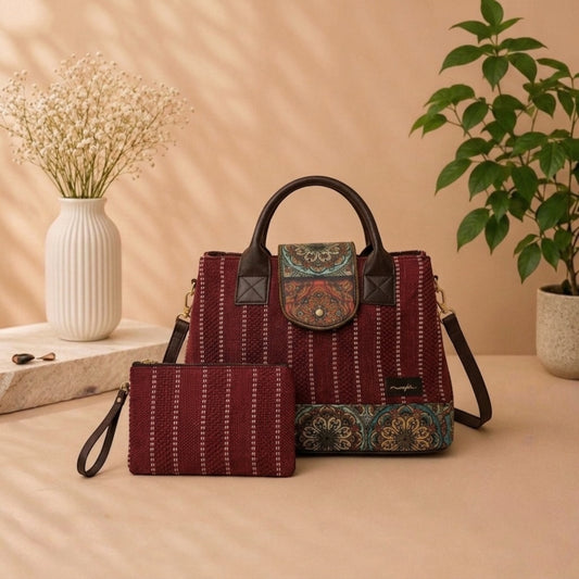 Heritage 2-Piece Handbag Set featuring a rustic maroon mosaic print
