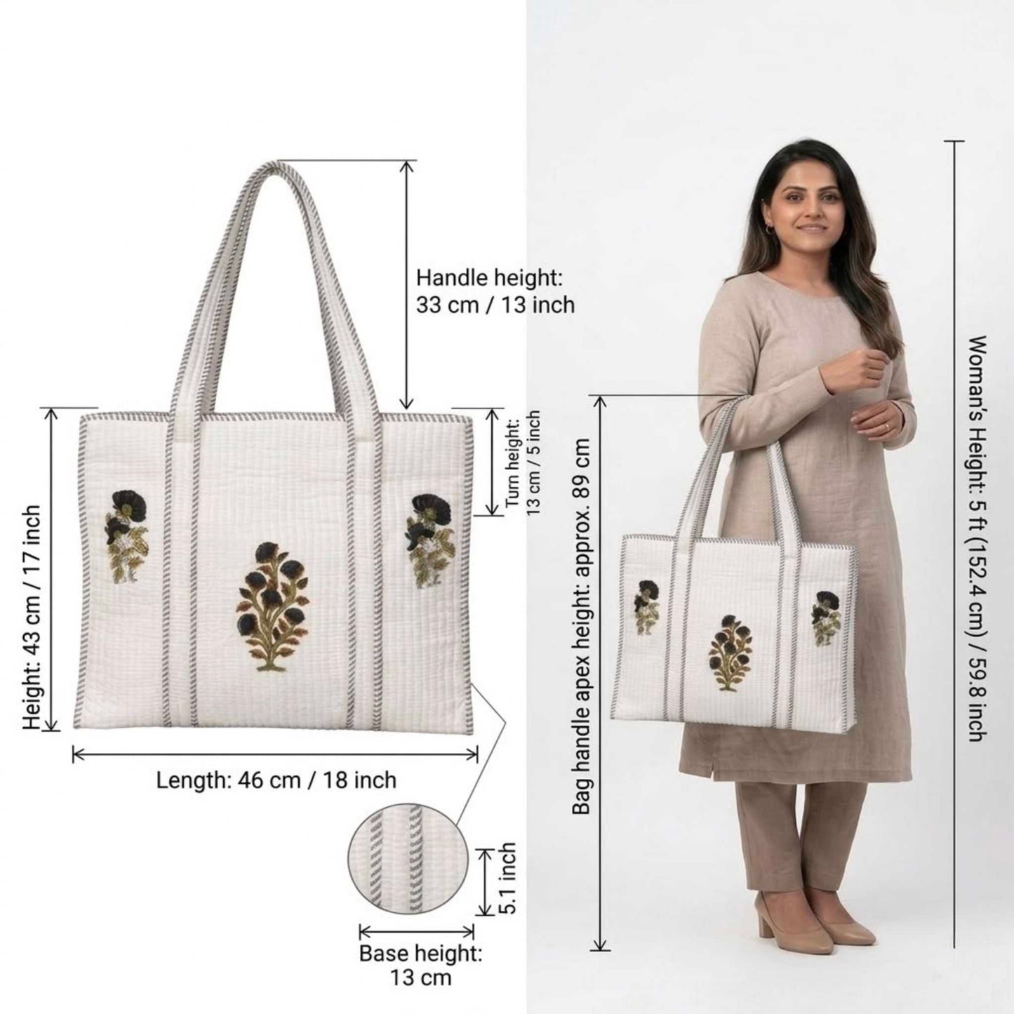 White Handblock Botanical Cotton Tote Bag | Handcrafted & Lightweight