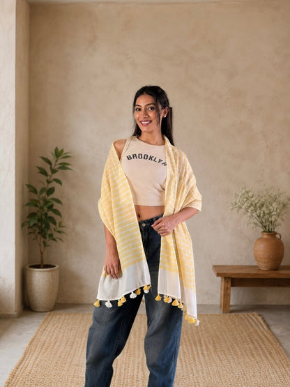 OMVAI Handcrafted Striped Linen Stole with Tassels - Golden Yellow