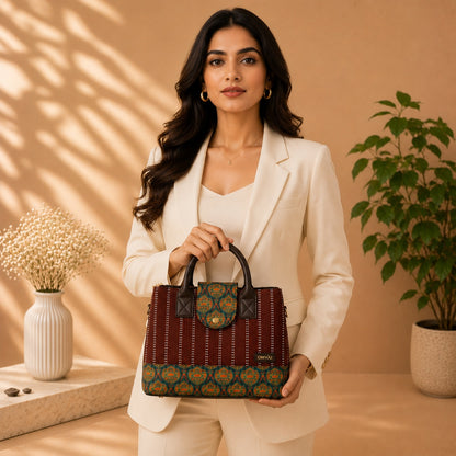 A woman in a cream blazer holds a structured handbag with a burgundy body, dark brown handles, and a green and gold patterned lower panel, posed in a warm beige interior with plants and dried flowers.