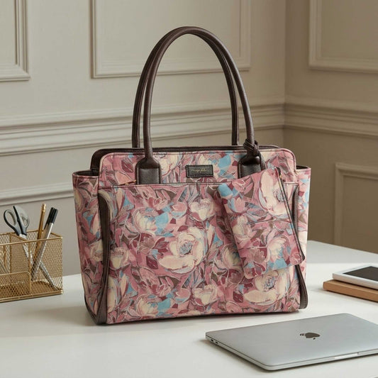 A floral tote bag with dark brown handles sits on a white desk in a home office setting, next to a laptop, phone, and a gold pen holder.