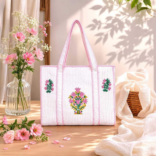 White Floral Pink Handblock Cotton Tote Bag | Handcrafted & Lightweight