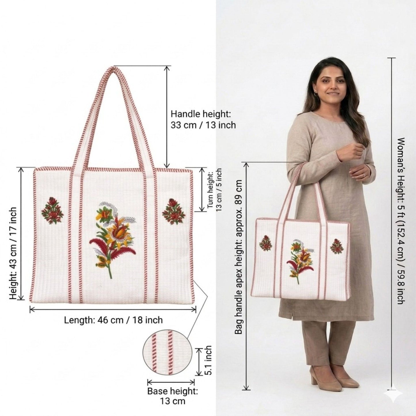 White Floral-Red Handblock Printed Cotton Tote Bag | Handcrafted & Lightweight