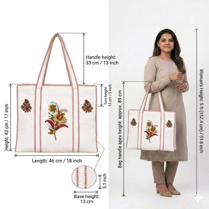 White Floral-Red Handblock Printed Cotton Tote Bag | Handcrafted & Lightweight