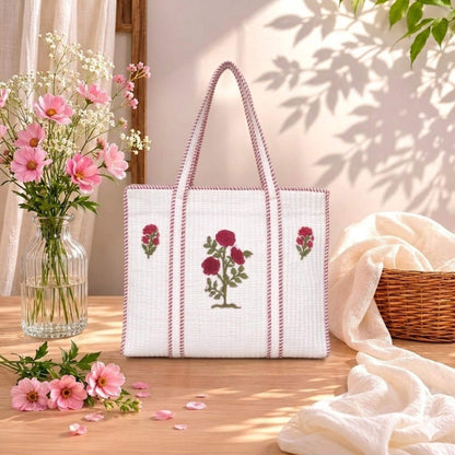 White Powder Gulabi Handblock Cotton Tote Bag | Handcrafted & Lightweight