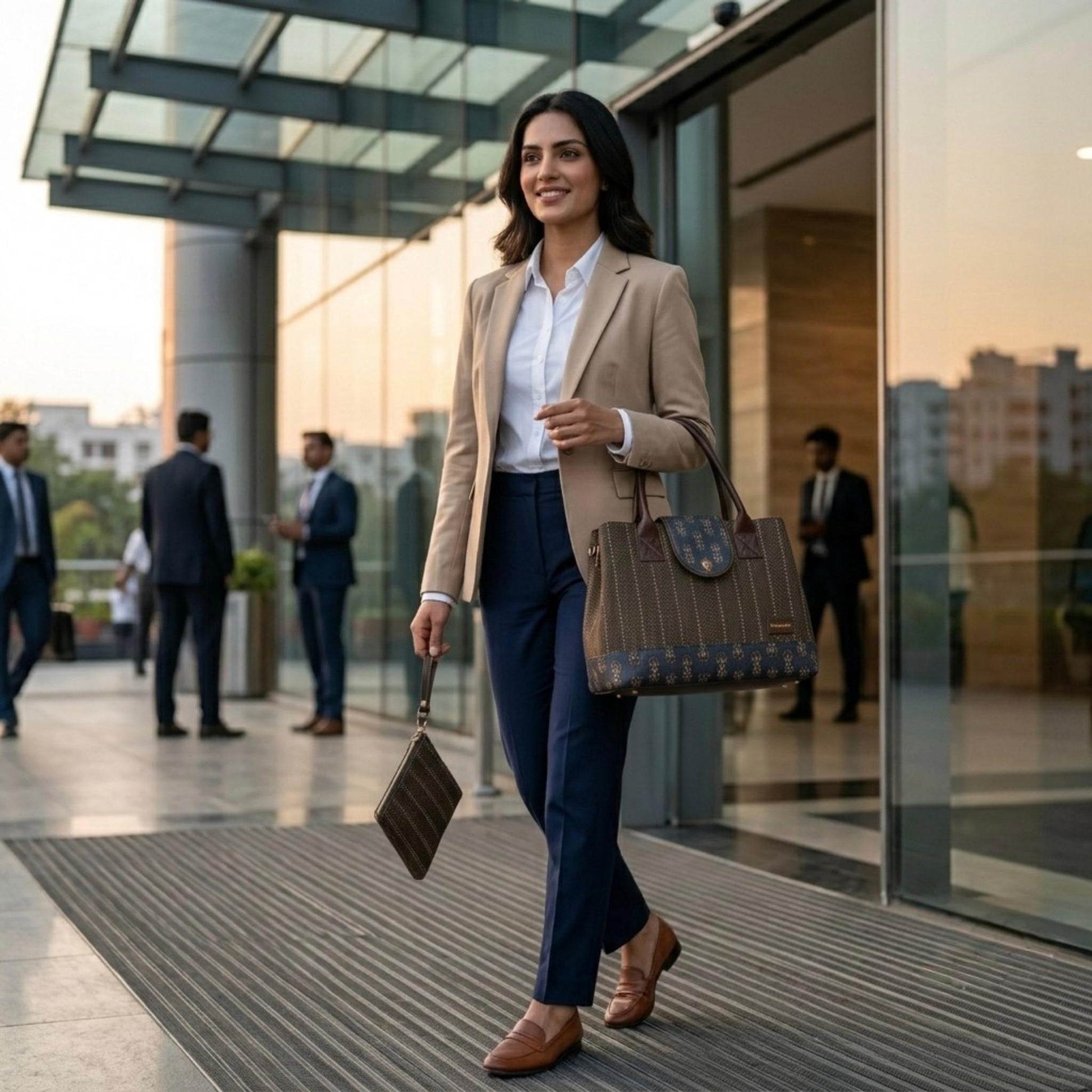 Woman in business attire walking outside a modern building with a handbag.