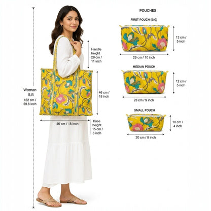 Sunshine Floral Quilted Cotton Tote Bag Set (4-Pieces) | Handcrafted & Light-Weight