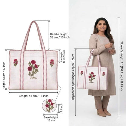 White Powder Gulabi Handblock Cotton Tote Bag | Handcrafted & Lightweight