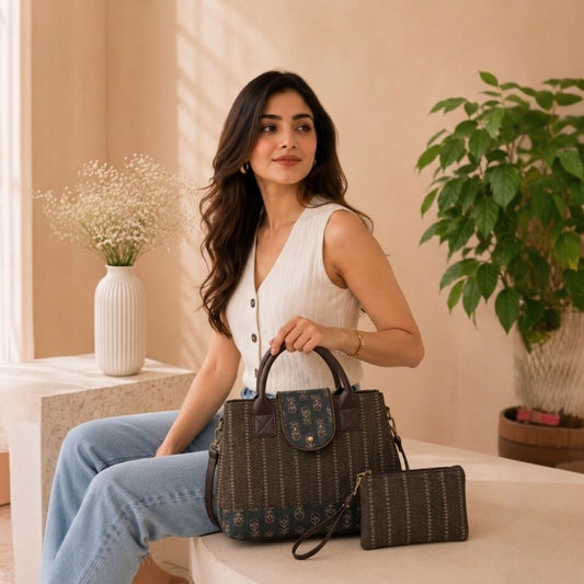 Woman holding a brown handbag in a home setting with plants and a vase.