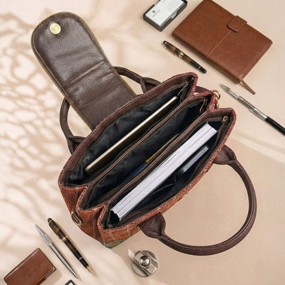 A brown leather handbag shown open from above on a beige surface, with pens, a notebook, and other stationery arranged around it. The bag has dark brown handles, a patterned brown exterior, and a black interior with a pen loop and document slots.