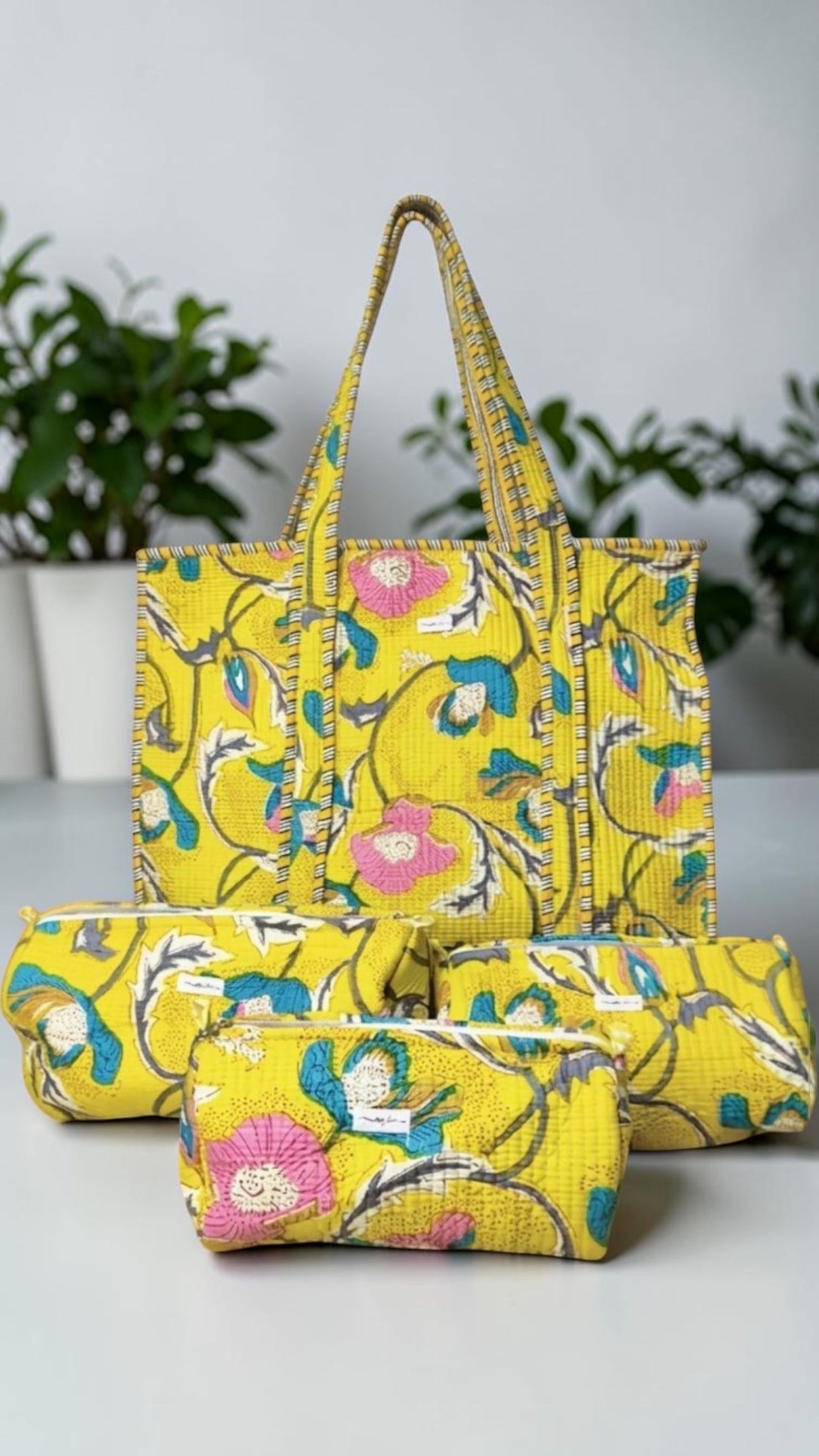 Sunshine Floral Quilted Cotton Tote Bag Set (4-Pieces) | Handcrafted & Light-Weight