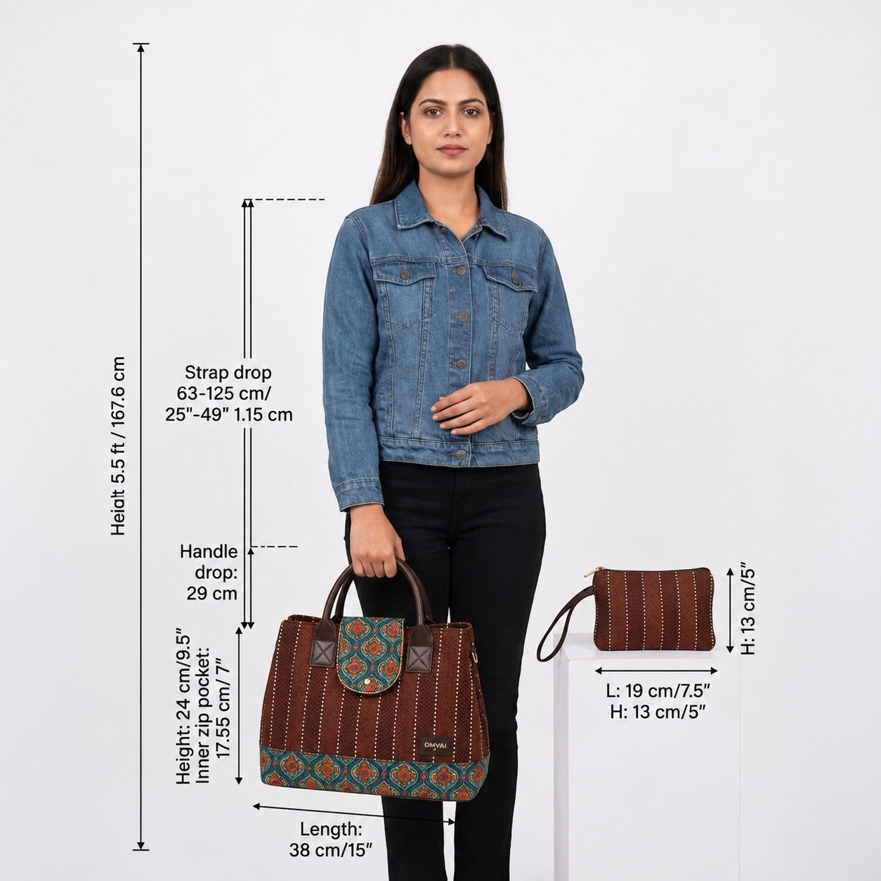 A woman modeling a brown patterned tote bag with dimension callouts showing height, strap drop, handle drop, length, and width. A smaller side view of the bag is shown on the right against a light gray background.