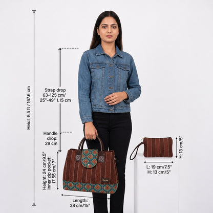 A woman modeling a brown patterned tote bag with dimension callouts showing height, strap drop, handle drop, length, and width. A smaller side view of the bag is shown on the right against a light gray background.