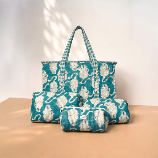Turquoise Elegance Quilted Cotton Tote Bag Set (4-Pieces) | Handcrafted & Light-Weight
