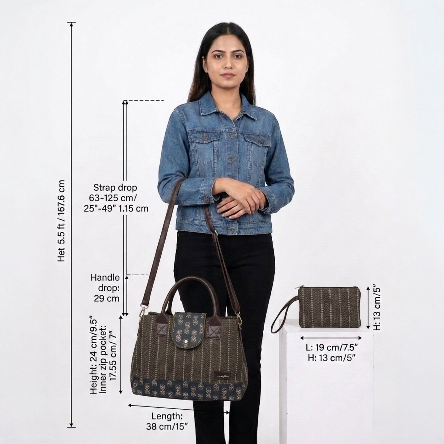 Woman holding a handbag with measurements displayed on a white background
