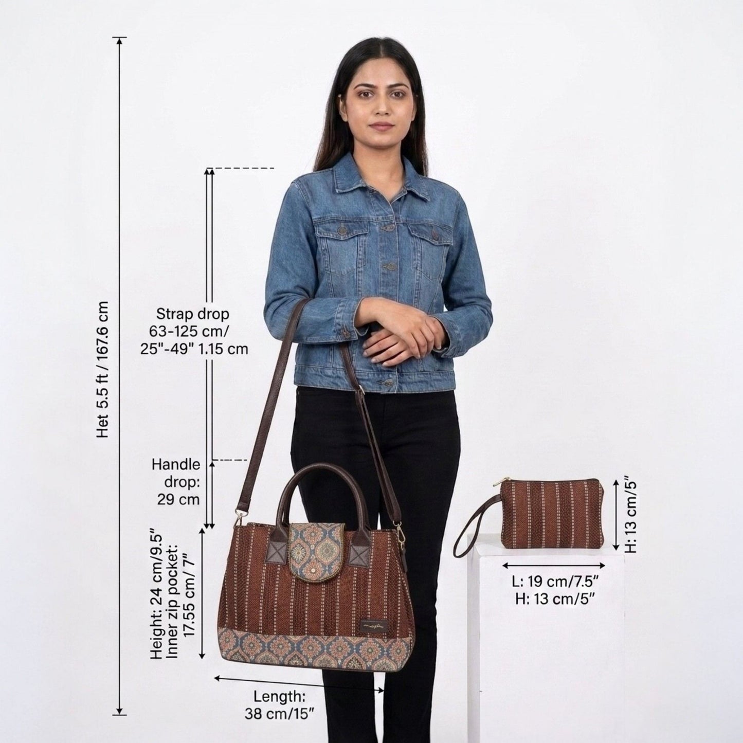 Woman holding a brown handbag with measurements displayed on a white background