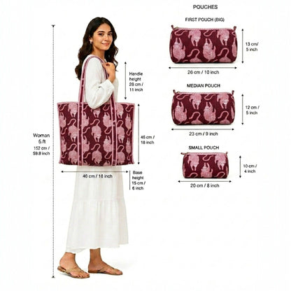 Pink Tiger Quilted Cotton Tote Bag Set (4 Pieces) | Handcrafted & Light-Weight