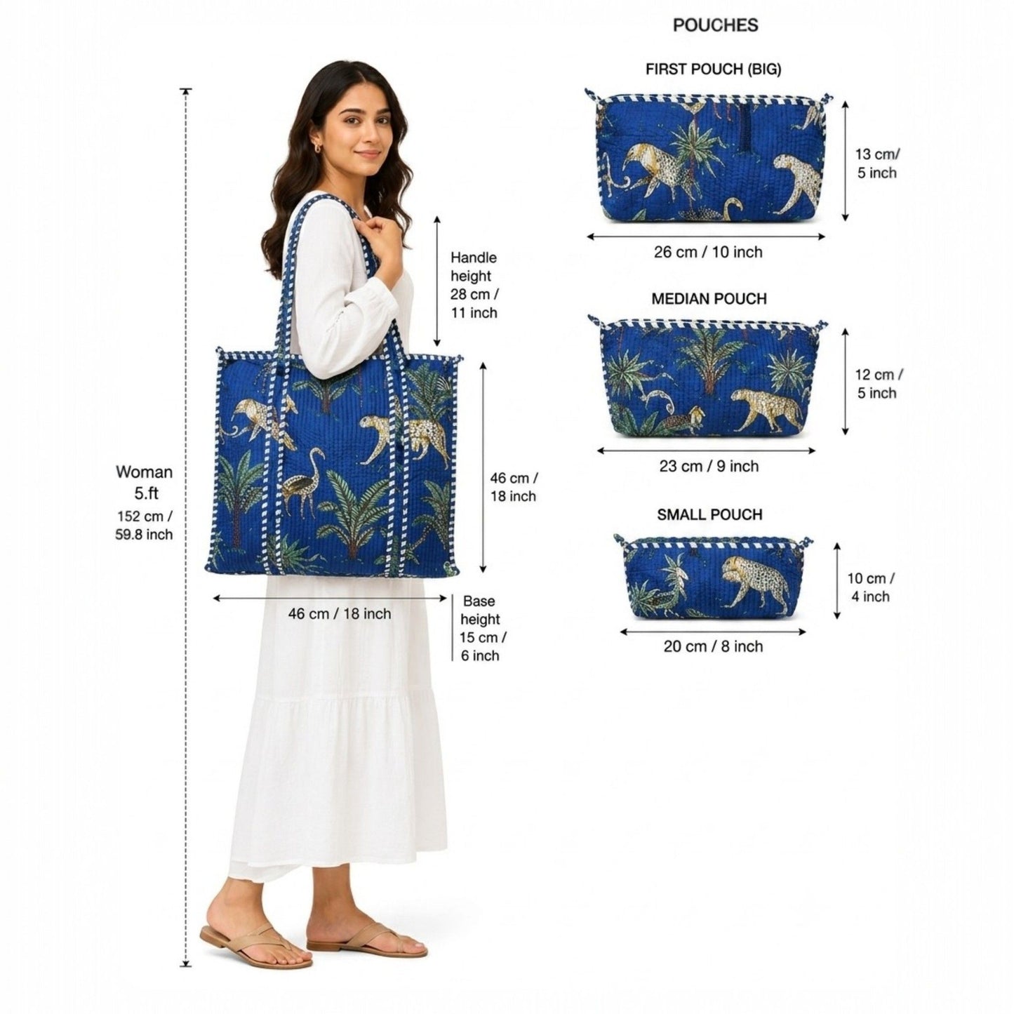 Royal Blue Jungle Print Quilted Tote Bag Set (4-Piece) | Handcrafted Cotton