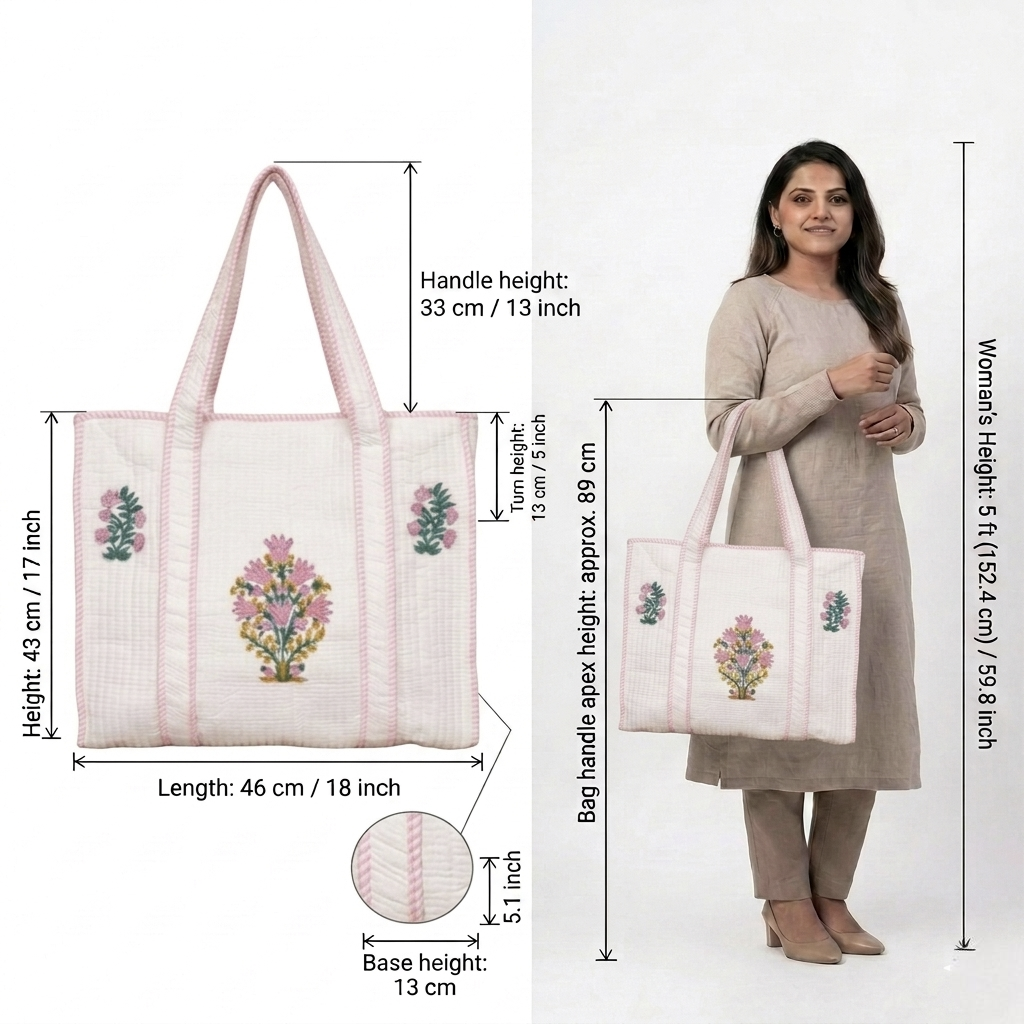 White Floral Pink Handblock Cotton Tote Bag | Handcrafted & Lightweight