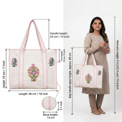 White Floral Pink Handblock Cotton Tote Bag | Handcrafted & Lightweight