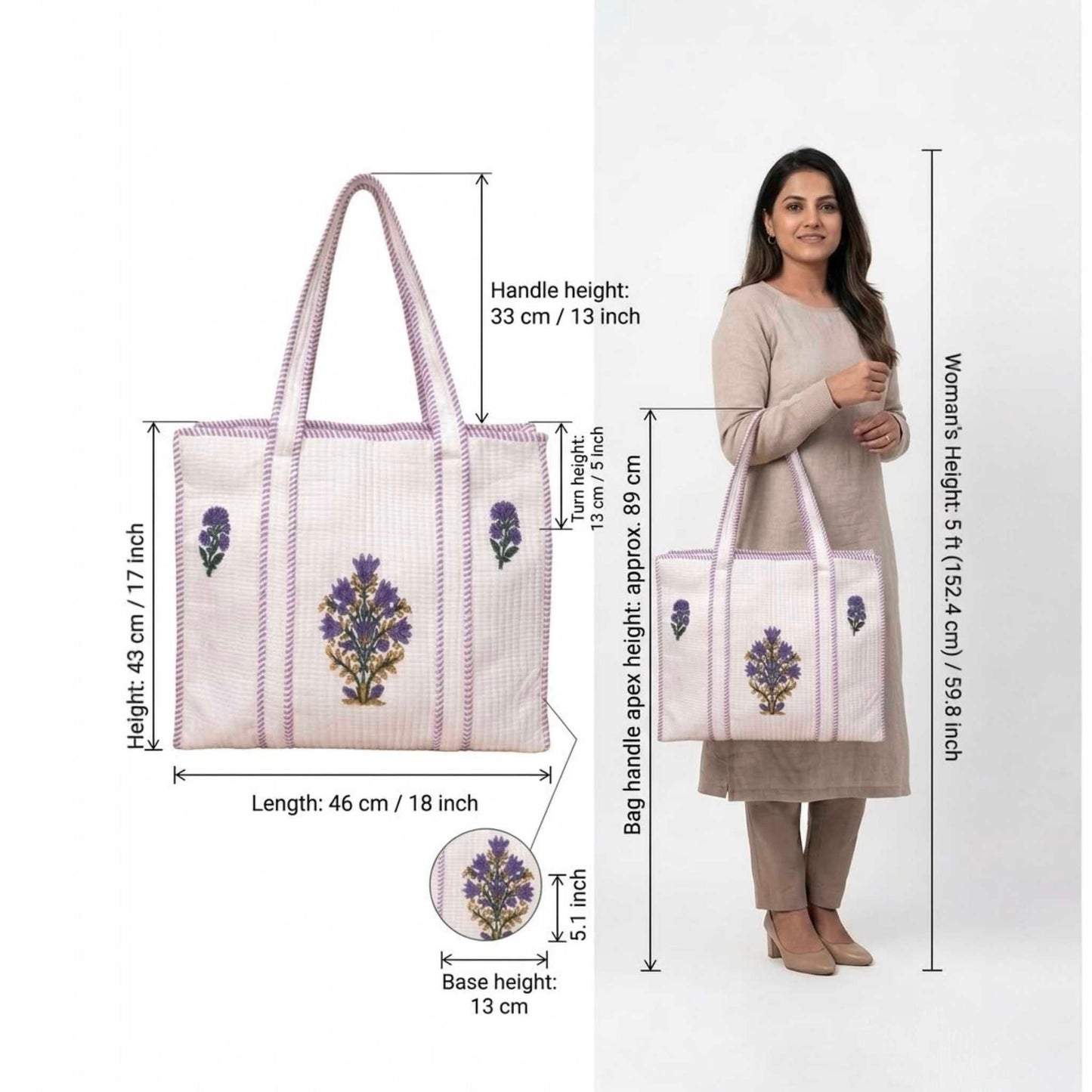 White Powder Floral Orchid Handblock Cotton Tote Bag | Handcrafted & Lightweight