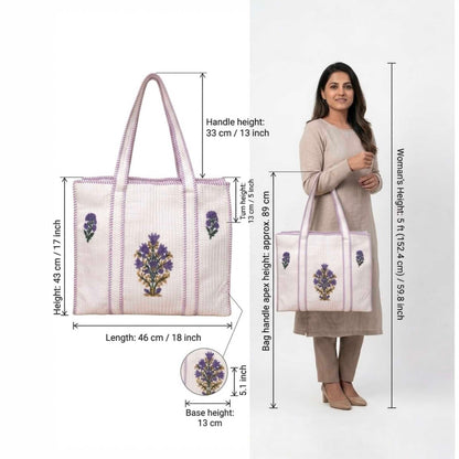 White Powder Floral Orchid Handblock Cotton Tote Bag | Handcrafted & Lightweight