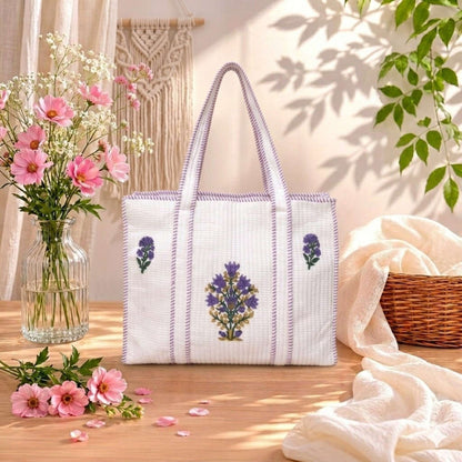 White Powder Floral Orchid Handblock Cotton Tote Bag | Handcrafted & Lightweight