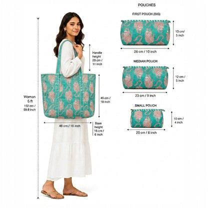 Mint Green Elegance Quilted Cotton Tote Bag Set (4-Pieces) | Handcrafted & Light-Weight