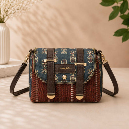 Designer handbag with intricate patterns on a neutral background