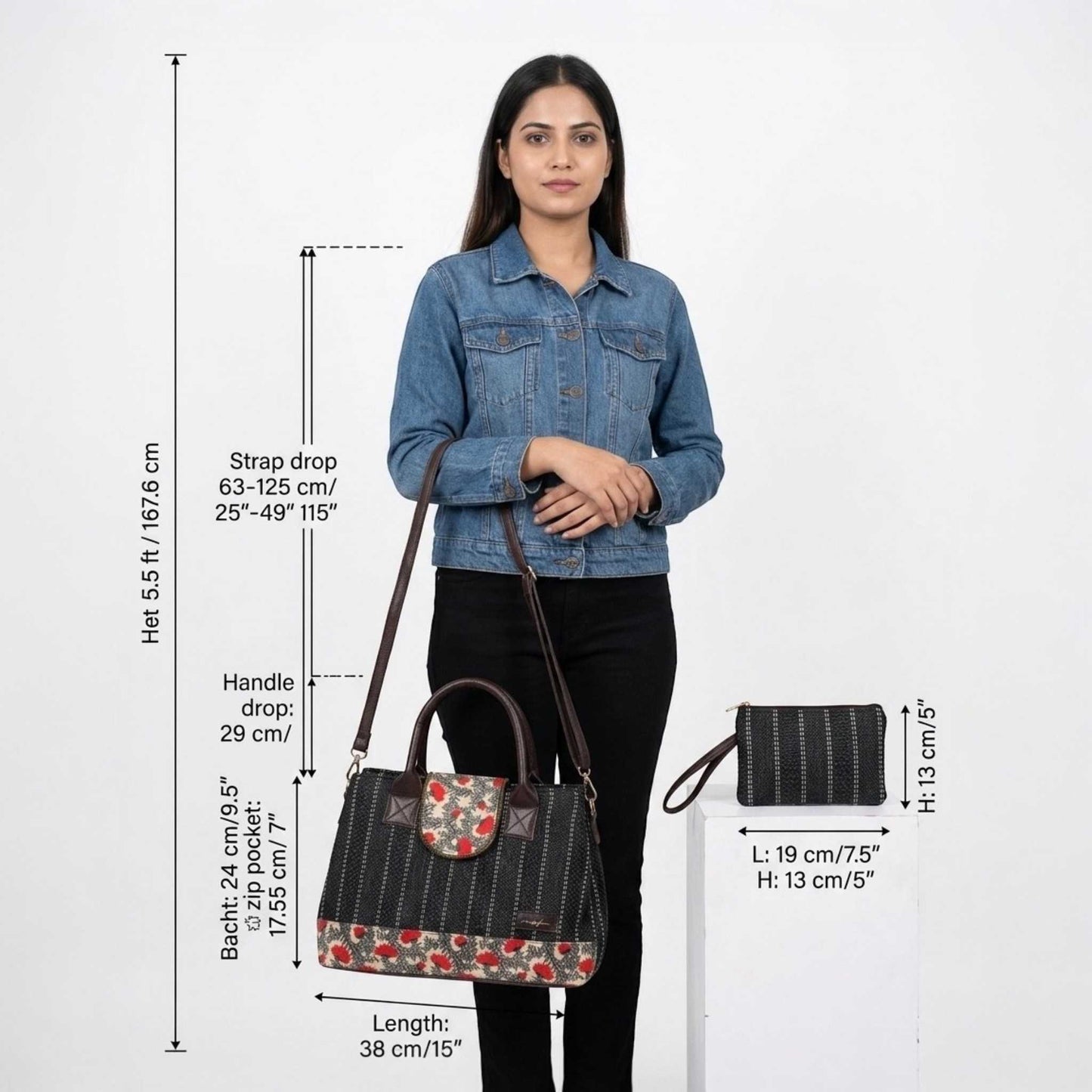 Woman holding a handbag with measurements displayed on a white background