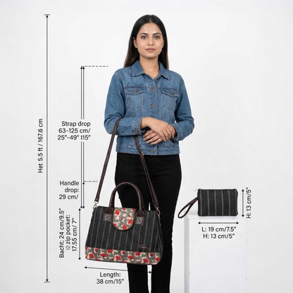 Woman holding a handbag with measurements displayed on a white background