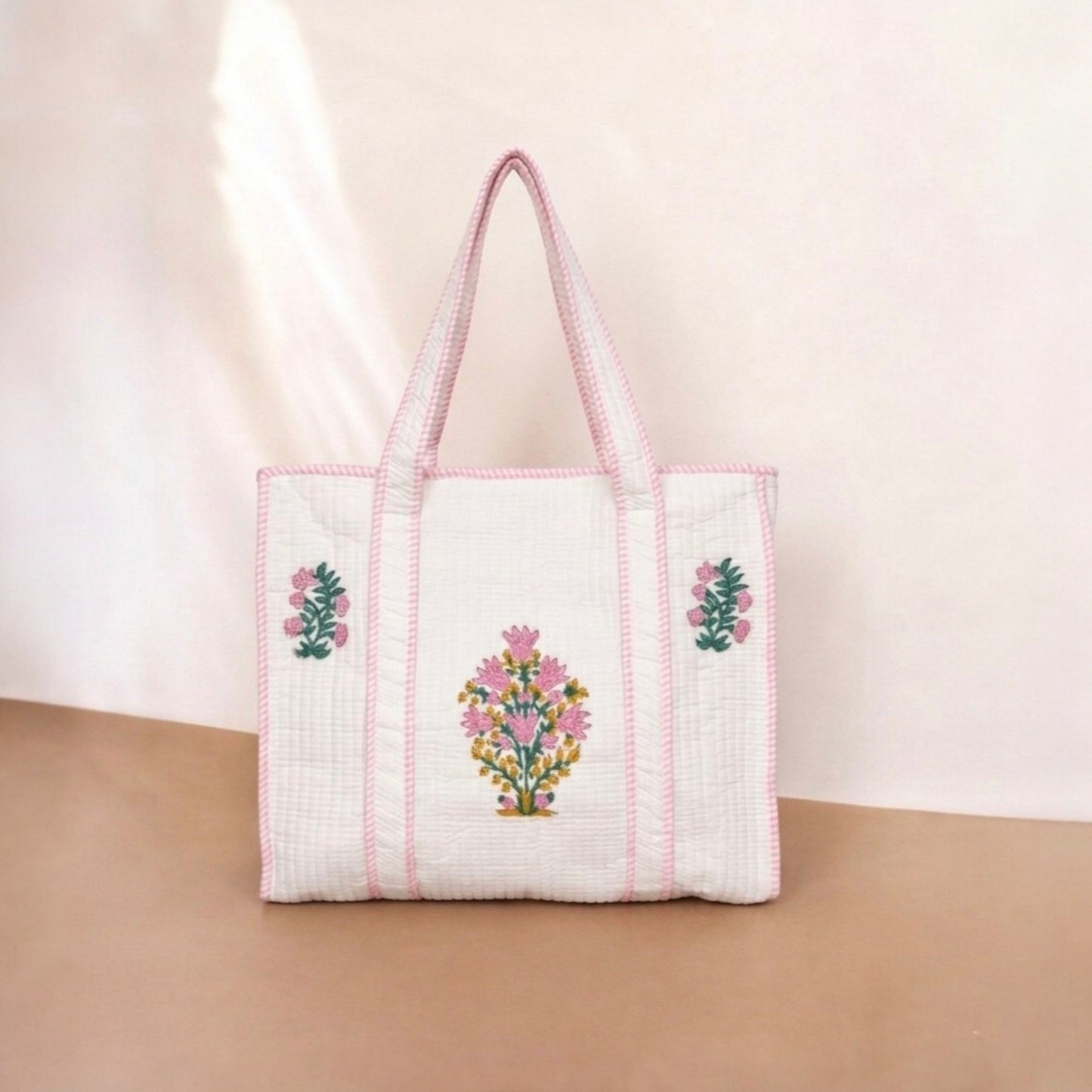 White Floral Pink Handblock Cotton Tote Bag | Handcrafted & Lightweight