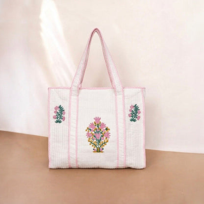 White Floral Pink Handblock Cotton Tote Bag | Handcrafted & Lightweight