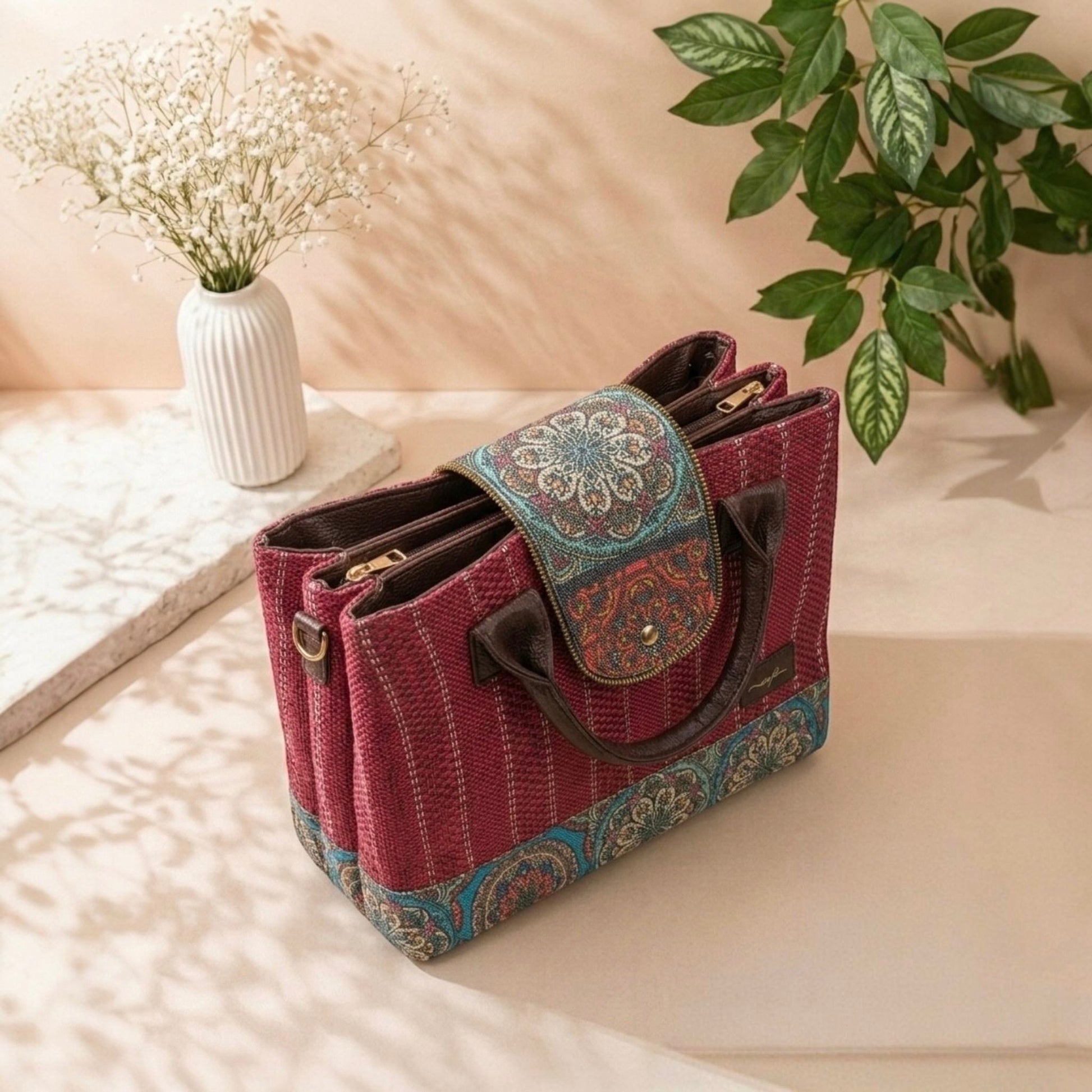 Red handbag with decorative flap on a light surface with plants in the background