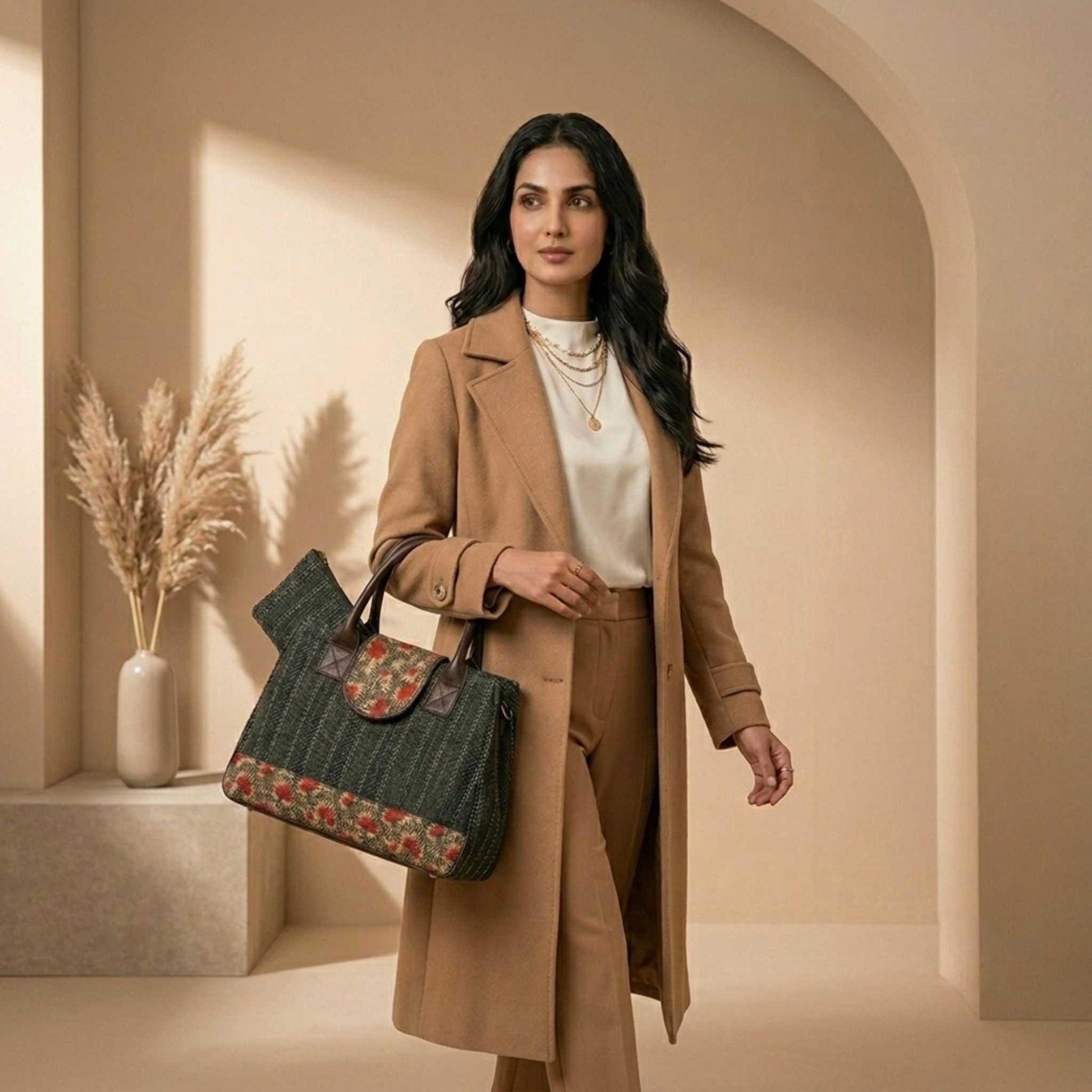 Woman in a beige coat holding a patterned handbag in a warm-toned interior setting