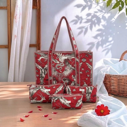 Red Handcrafted Quilted Tote Bag Set (4-Piece) featuring a distinctive jungle print | OMVAI