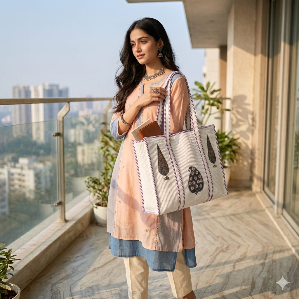 White Floral Orchid Purple Handblock Cotton Tote Bag | Handcrafted & Lightweight