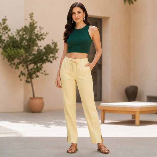 OMVAI Creamy Yellow Cotton Pants : Relaxed Fit, Breathable & Comfortable