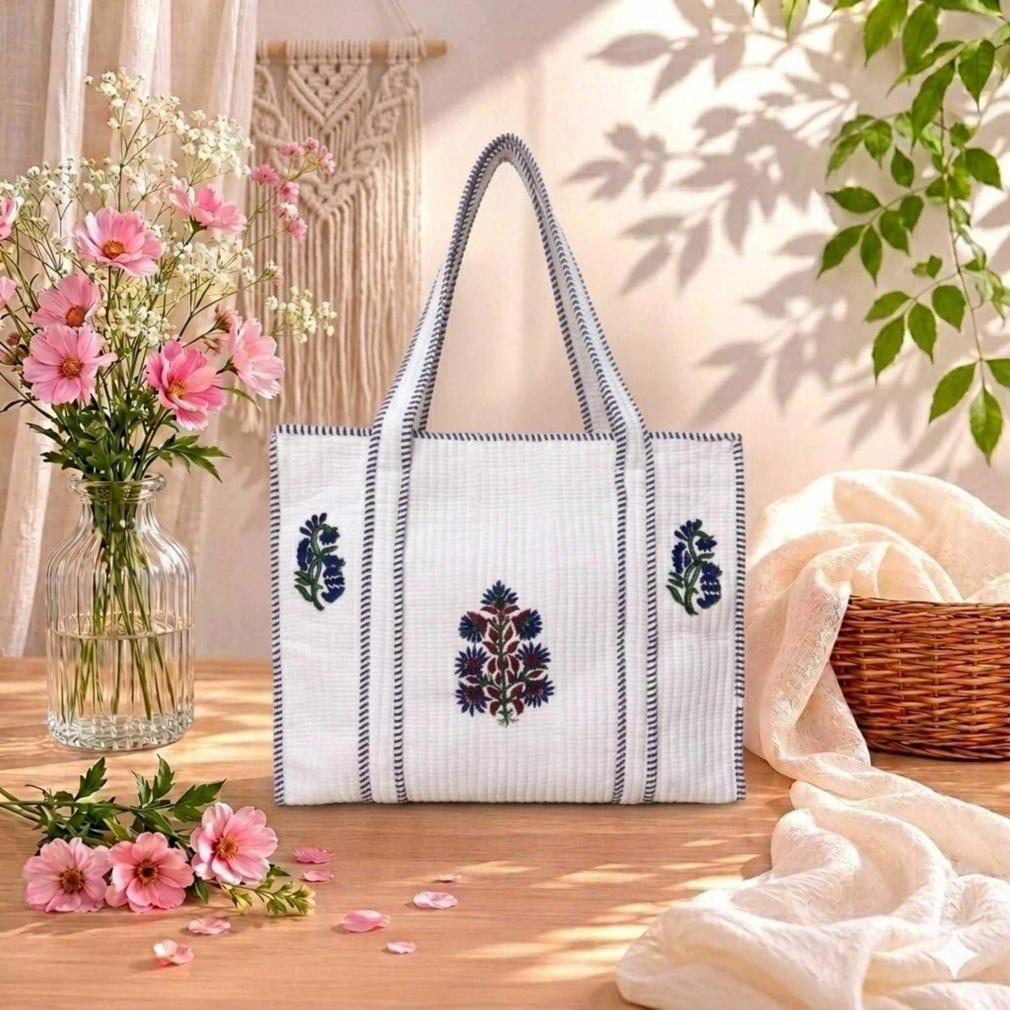 White Midnight Blue  Handblock Cotton Tote Bag | Handcrafted & Lightweight