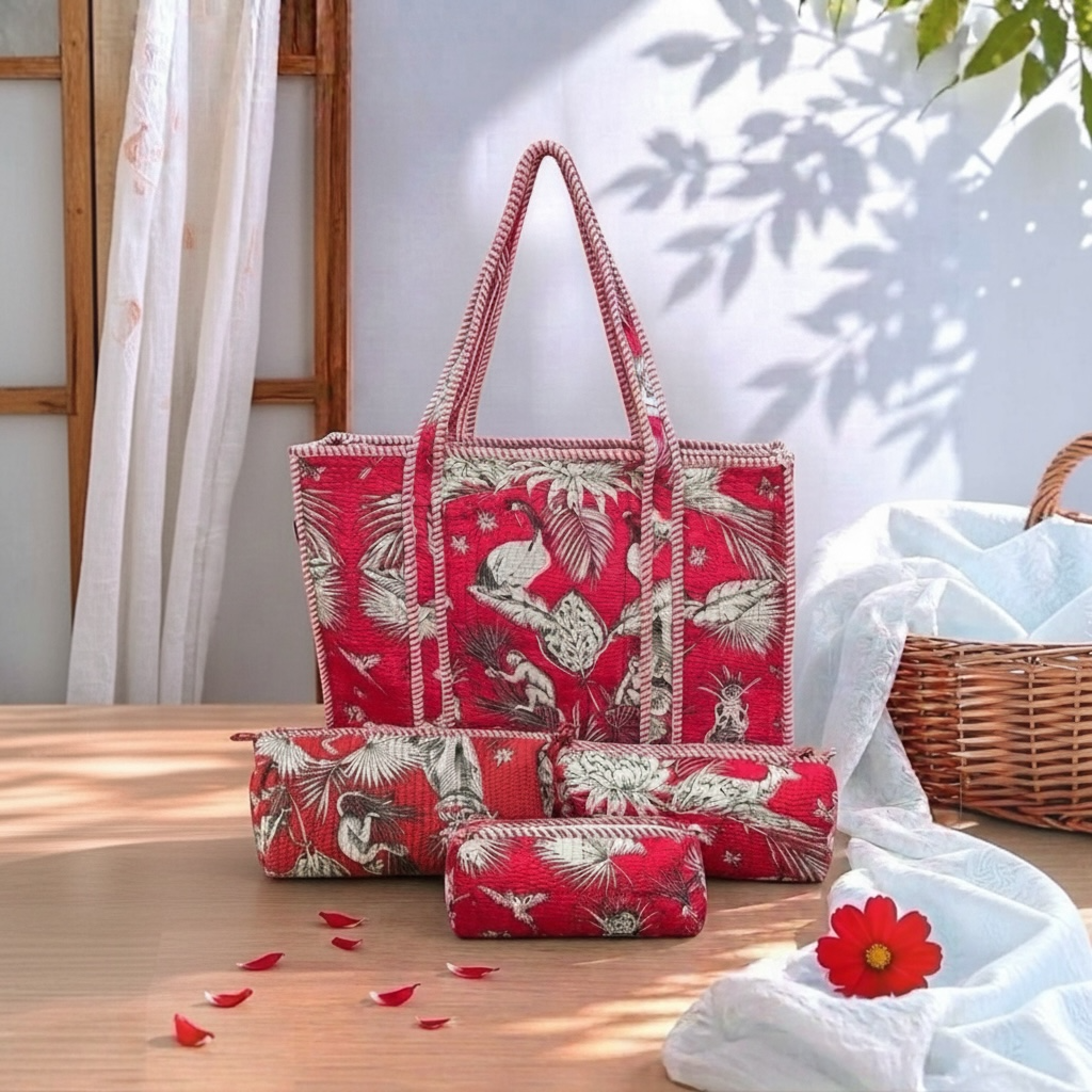 OMVAI red quilted tote bag set features a handcrafted tropical animal print design