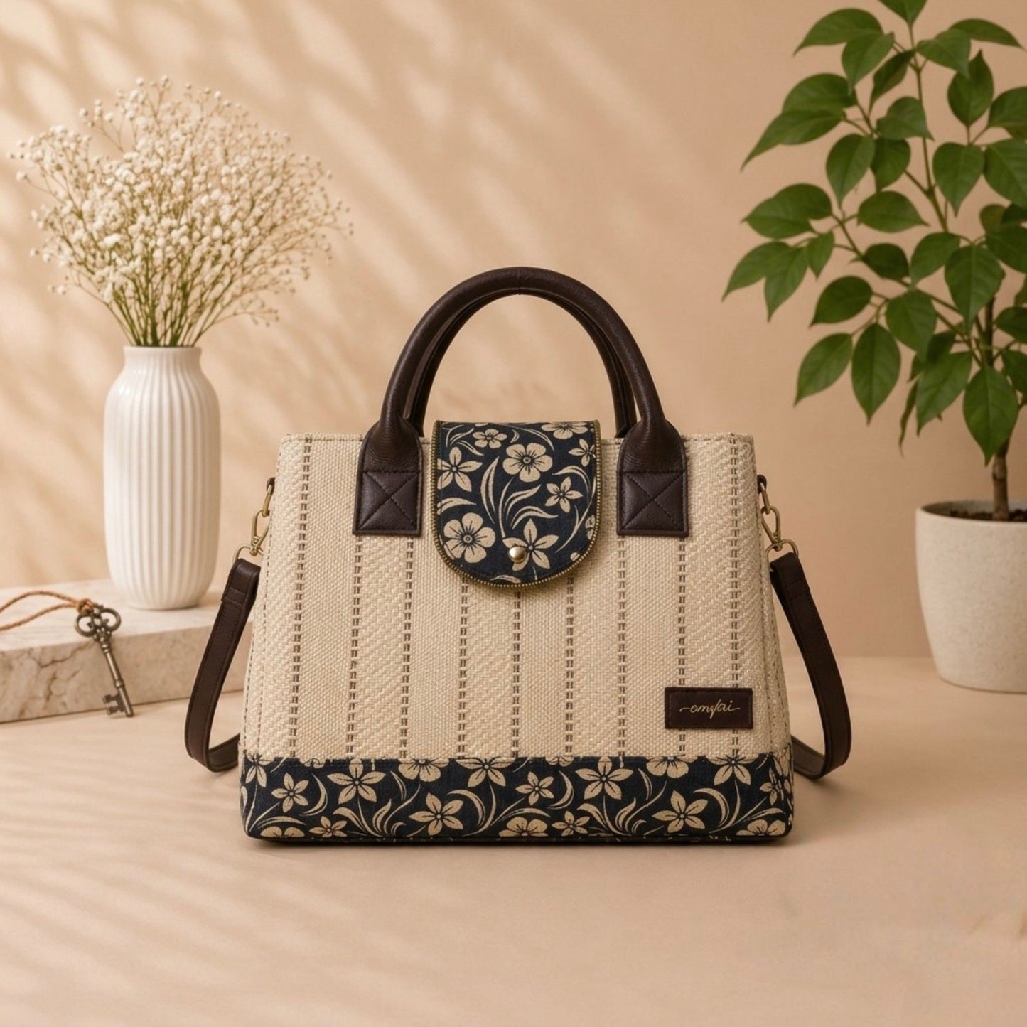 Handbag with floral design on a beige surface with plants and a vase in the background