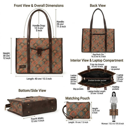 A product information diagram showing multiple views of a tote bag with measurements and labels. The bag has a brown and rust-orange patterned body with dark brown handles and trim.
