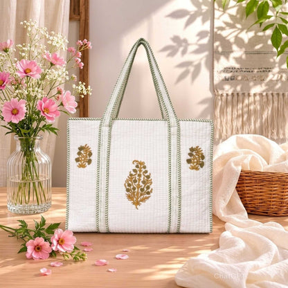 White Green Handblock Cotton Tote Bag | Handcrafted & Lightweight
