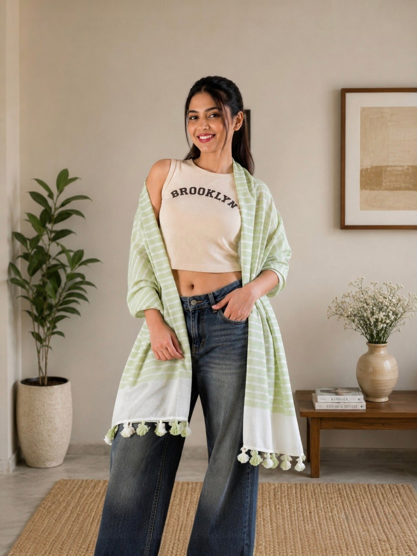 OMVAI Handcrafted Striped Linen Stole with Tassels - Pistachio Green