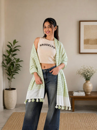 OMVAI Handcrafted Striped Linen Stole with Tassels - Pistachio Green
