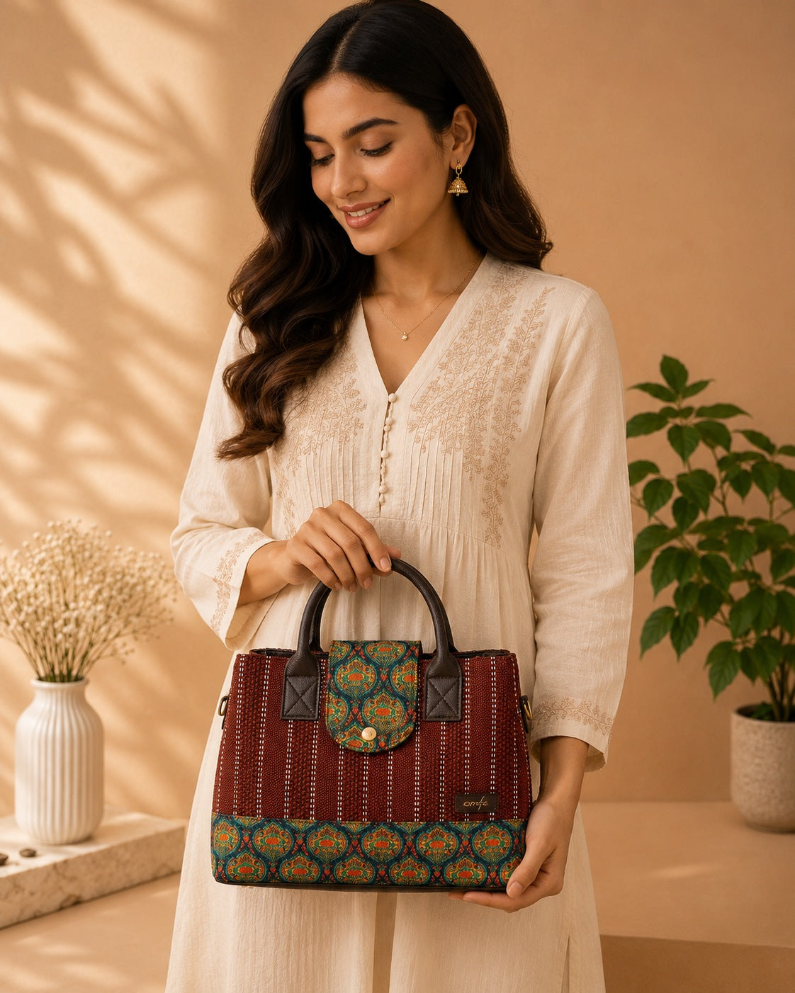 A woman in a cream embroidered kurta holds a structured handbag with a burgundy striped body, a patterned green and gold flap, and dark brown handles, set against a warm beige background with decorative plants.