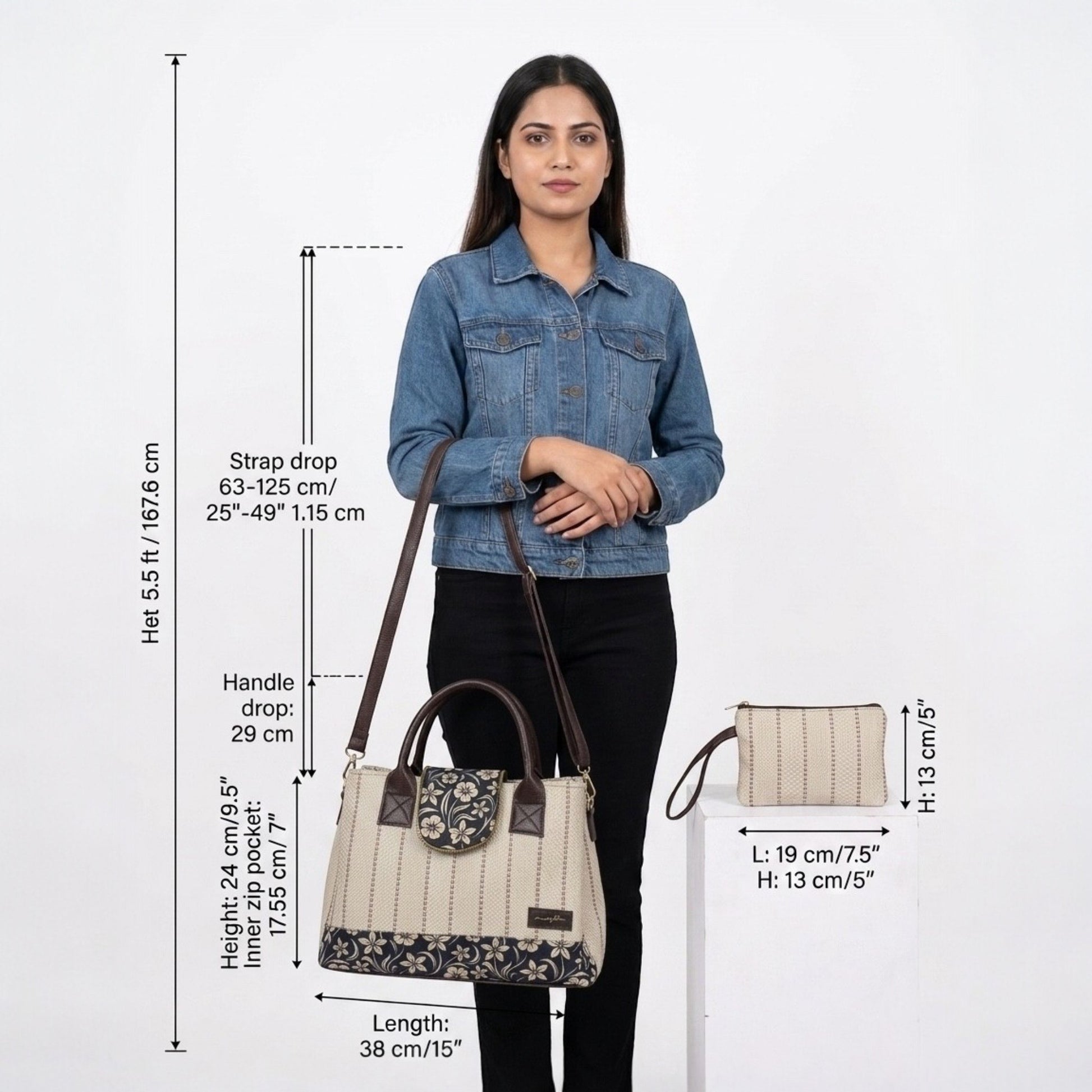 Woman holding a handbag with measurements displayed on a white background